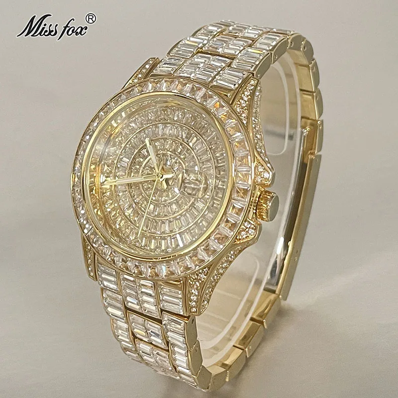 

MISSFOX Luxury Watch For Mens Hip Hop Iced Out Bling Quartz Clocks Fashion Baguette Diamond Jewelry Wristwatch Man Free Shipping