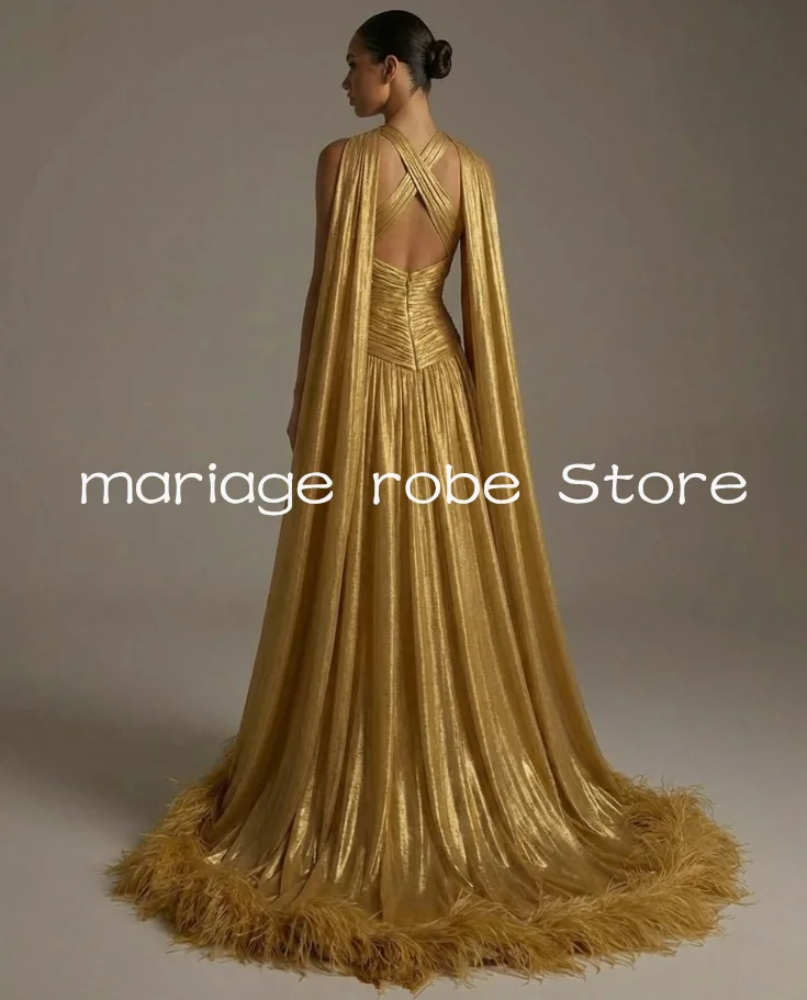 Shiny Gold Long Flowing Evening Formal Dresses with Cape Pleated Feather Train Modern Women Prom Gala Gown Outfit Customized