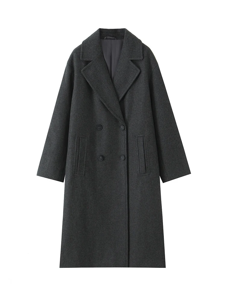 معطف صوف نسائي من TFMLN شتاء 2025 نمط جديد أنيق للركاب مزدوج الصدر معطف طويل فضفاض ناعم ودافئ ملابس للسيدات