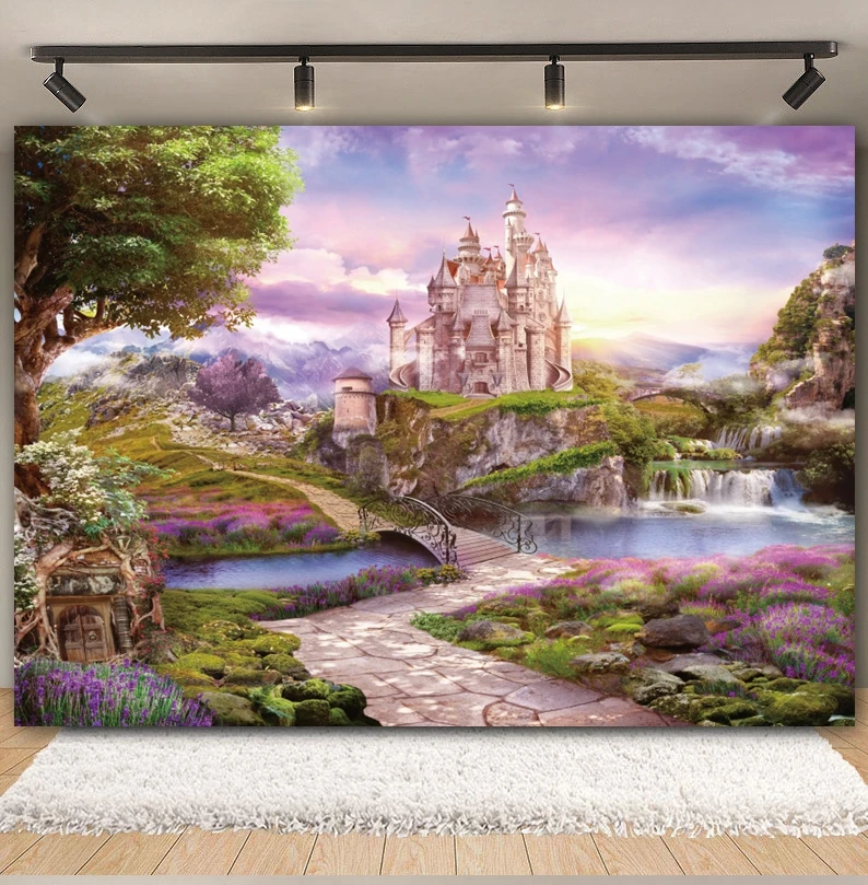 Spring Floral Castle Backdrop Fairy Tale Castle Palace Flower Princess Girl Baby Birthday Party Portrait Photography Background