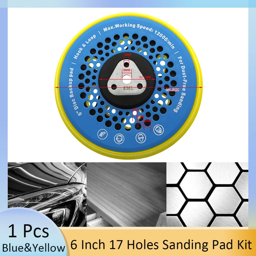 1 Pcs 6 Inch 17 Holes Sanding Pad Hook  and Loop for Polishing Car Handworking DIY (Blue&Yellow)