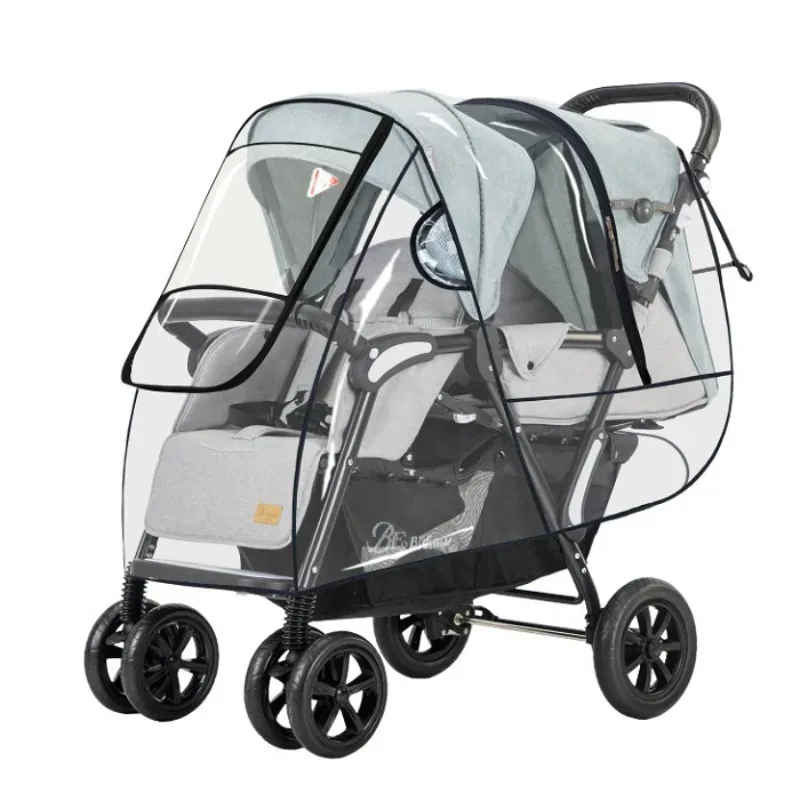 Double Seat Baby Stroller Waterproof Cover with Storage Bag for Tandem Twin Pushchair for Rainy Day Use - view 4