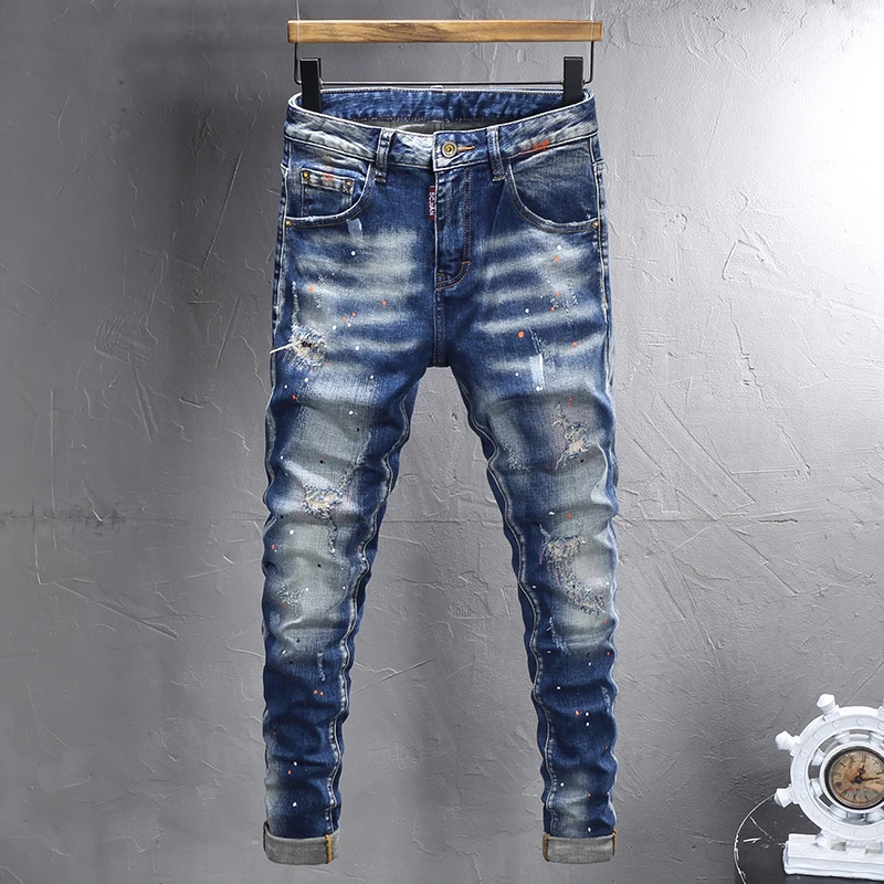 Italian designer street fashion men's jeans elastic slim fit split style washed retro blue painted jeans brand pants hombre