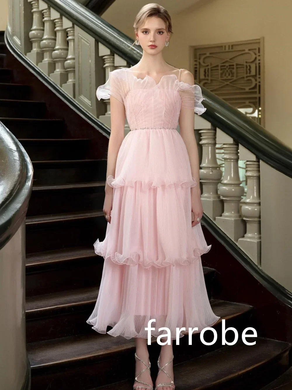 Maßgeschneiderte, lässige Chiffon-Falten, abgestufte A-Linie, Spaghettiträger, Midi-Kleider, Abendkleider, klassisch, exquisit, moderner Stil, Pastro