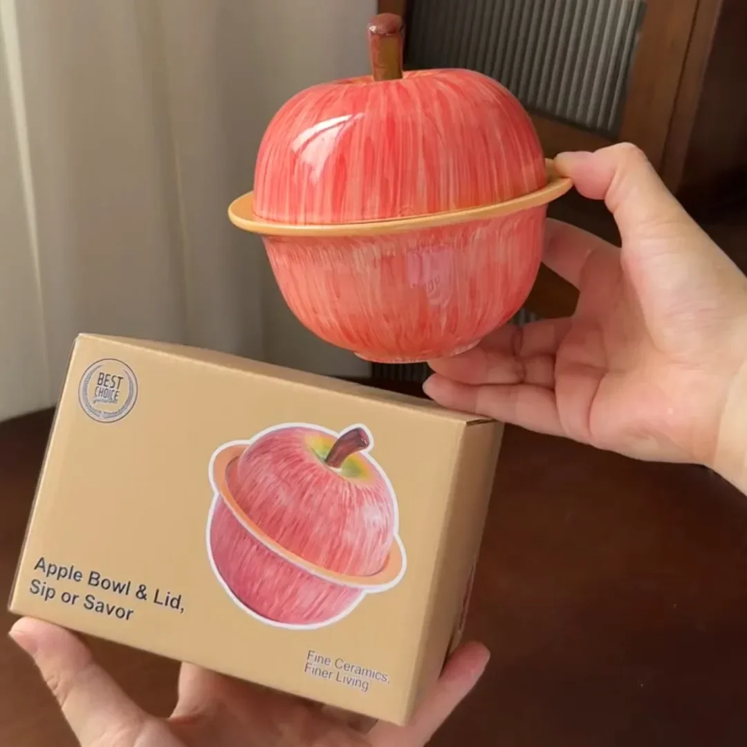 Cute Apple Shape Ceramic Bowl With Lid & Spoon, Creative Fruit‑Shaped Dessert Soup Bowl Household Breakfast Cereal Bowl Gift