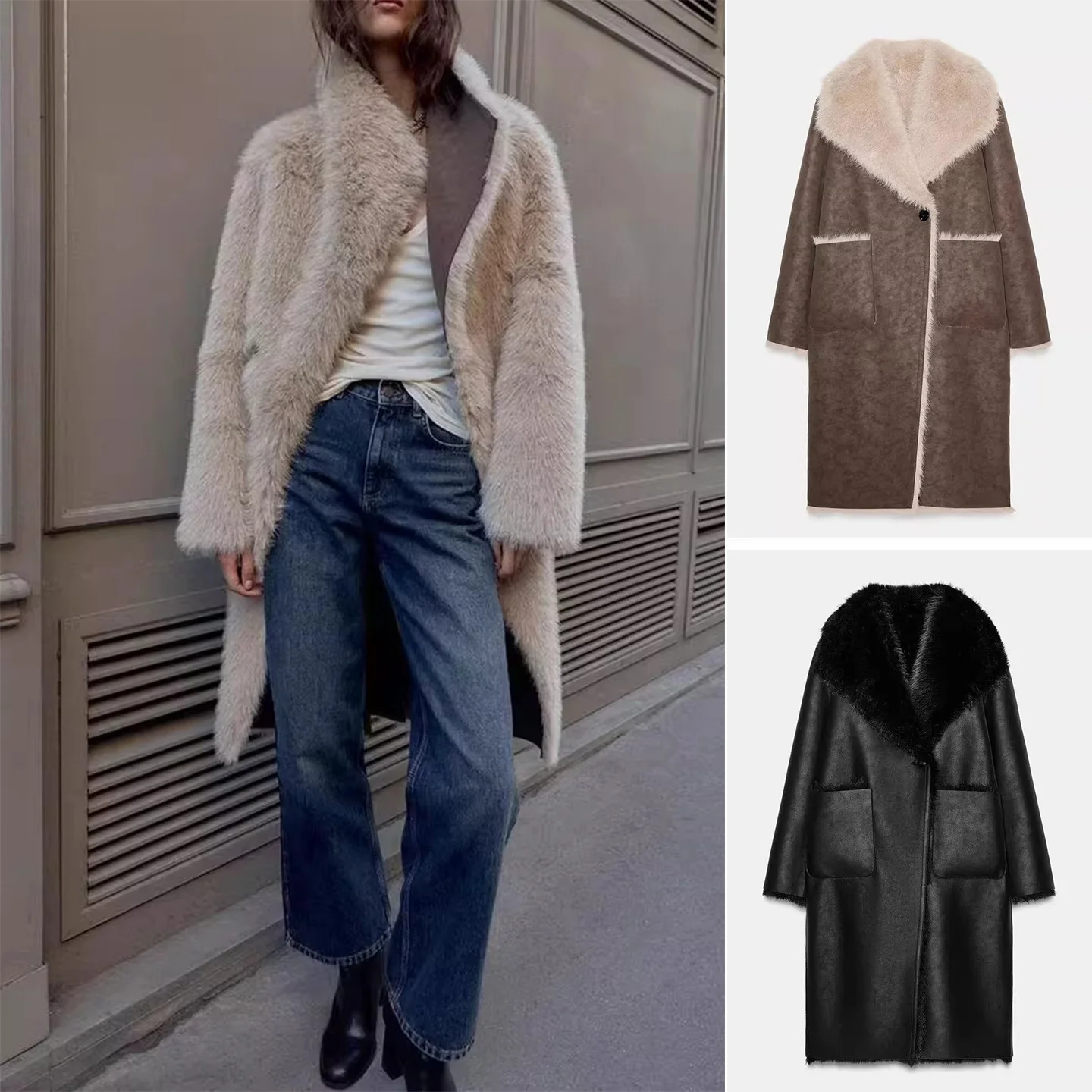 

Осень-зима, Новое поступление, женское длинное пальто с двойным воротником, двустороннее носимое пальто, верхняя одежда Ele Faionable