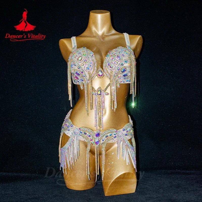 Traje de actuación de danza del vientre para mujer, sujetador y cinturón de piedras AB para adultos y niños, traje de Baile Oriental personalizado,