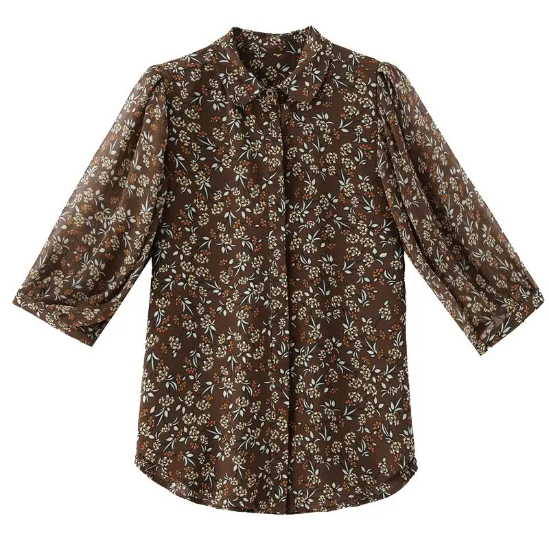 Women\'s Vintage Floral Print Button Shirt Spring Summer Fashion Turn Down Collar 3/4 Sleeve Blouse Chic Loose Casual Tops Blusas