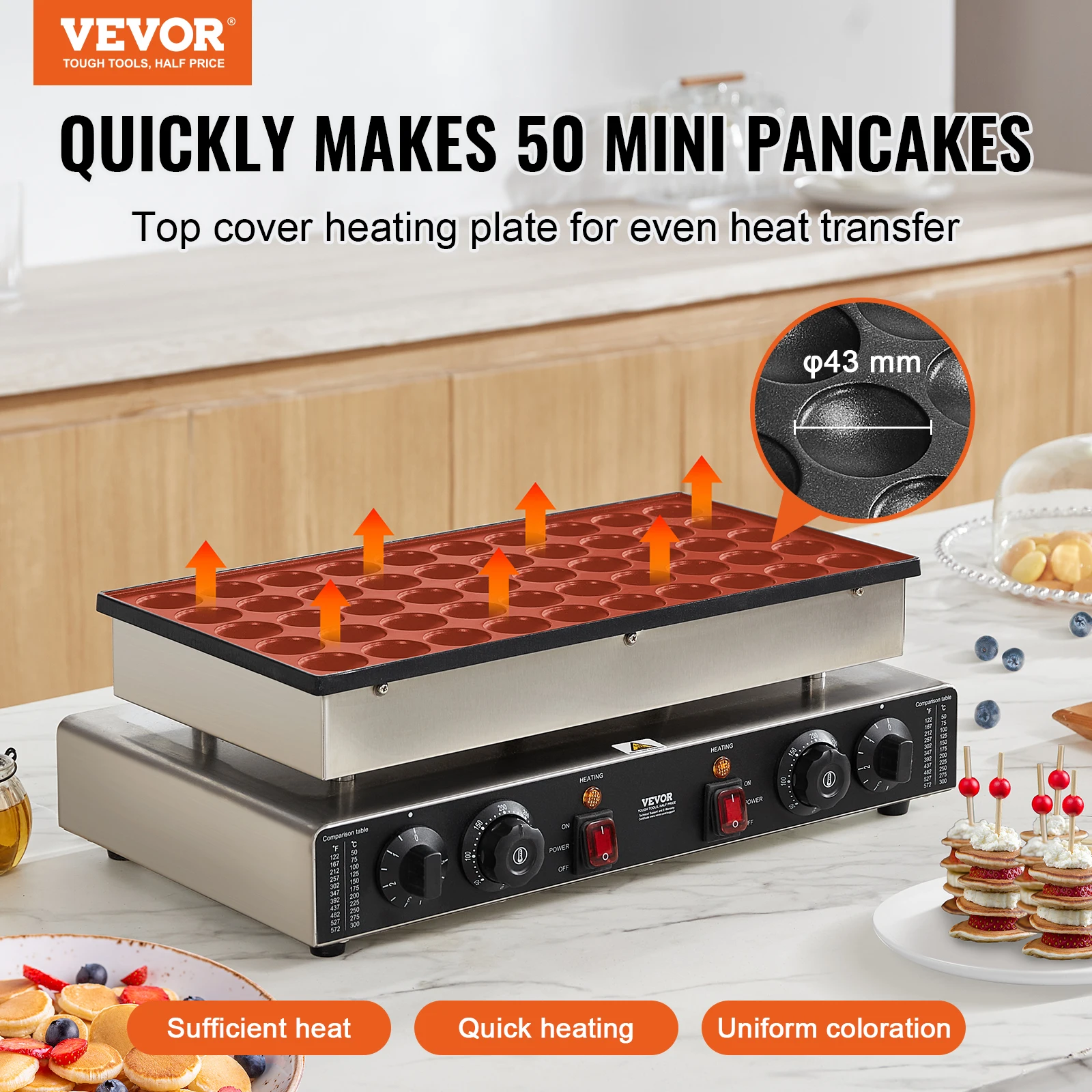 VEVOR 50Pcs Mini Dutch Pancake Maker Dorayaki Baker Machine Commercial Non-stick Waffle Maker Dual Temp & Time Control