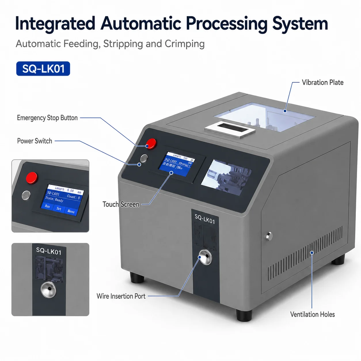 SQ-LK01 Fully Automatic Ferrule Terminal Crimping Machine 0.5-6.0 Sq Mm 1000 Pcs/h Four-Side Crimping For Wire Harness