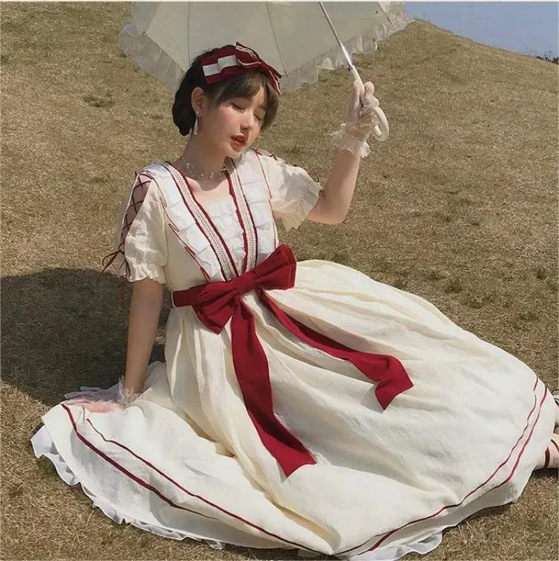 MAGOGO French Vintage Elegant Lolita Dress Women Summer Short Sleeve Bow Lace Spliching Fairy Sweet Party Princess Dresses