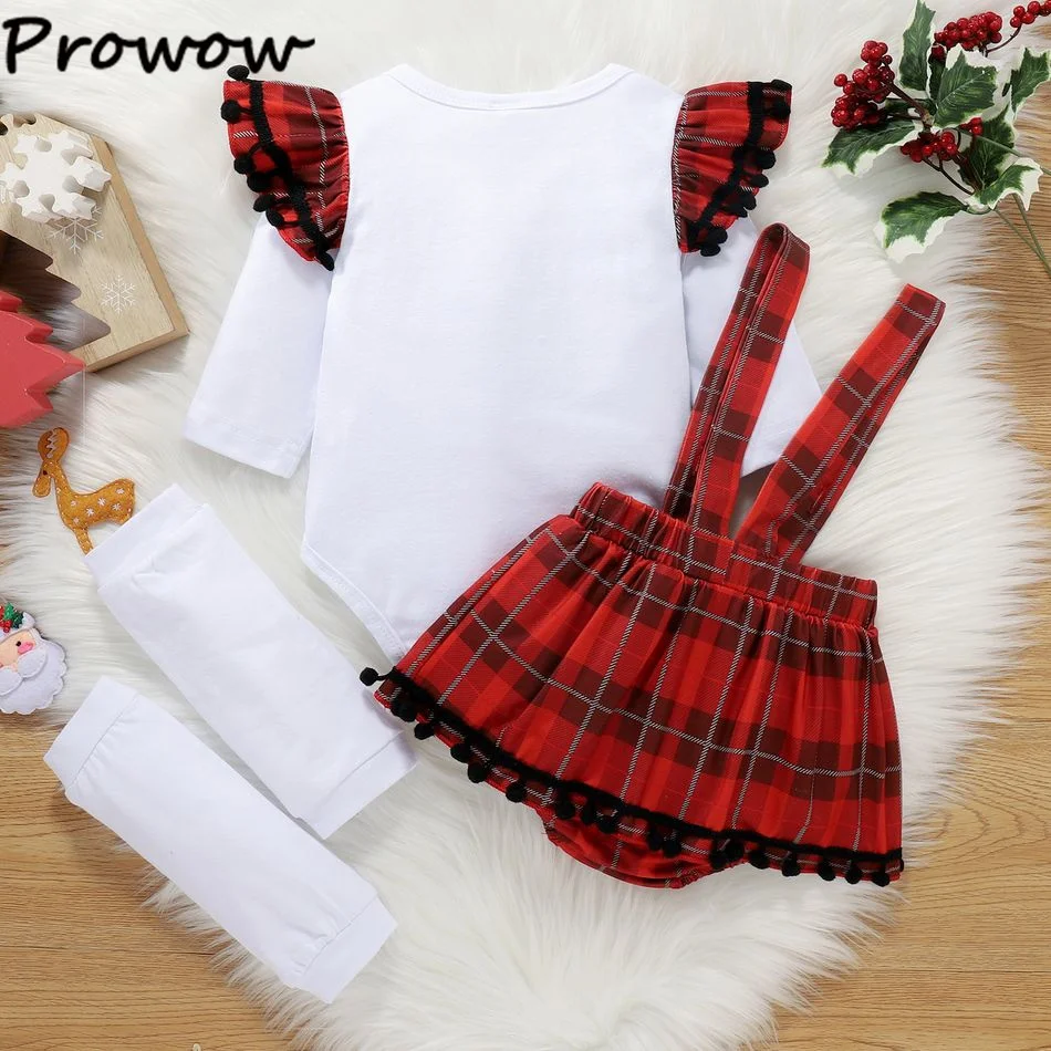 My First Christmas Baby Girl Outfits Tassel Sleeve Romper and Plaid Bodysuit Dress+Knee Pads Newborn Infants Christmas Clothes