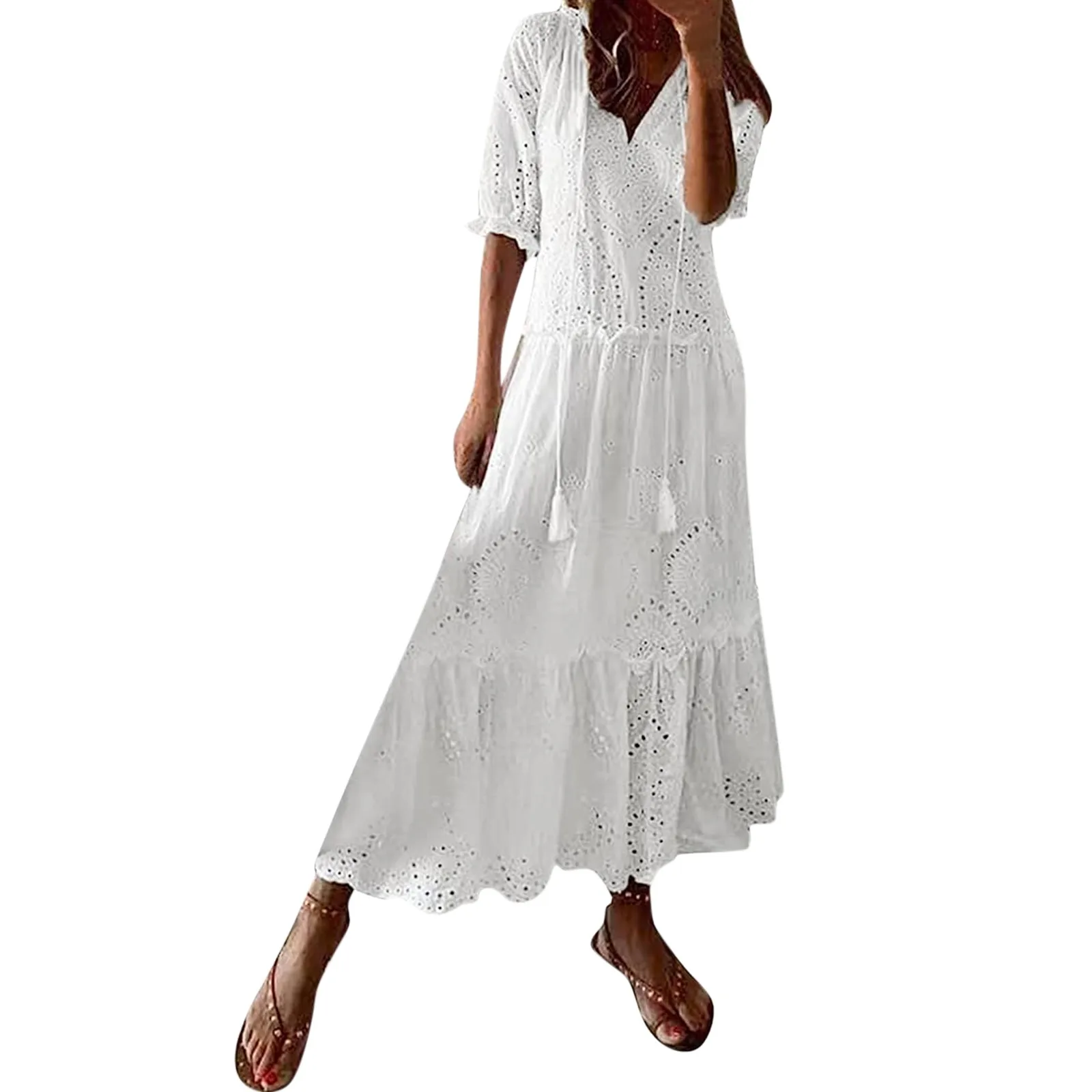 Robe longue en dentelle blanche pour femmes, tenue décontractée, surdimensionnée, à lacets, col en V, ajourée, de plage, style boho, maxi