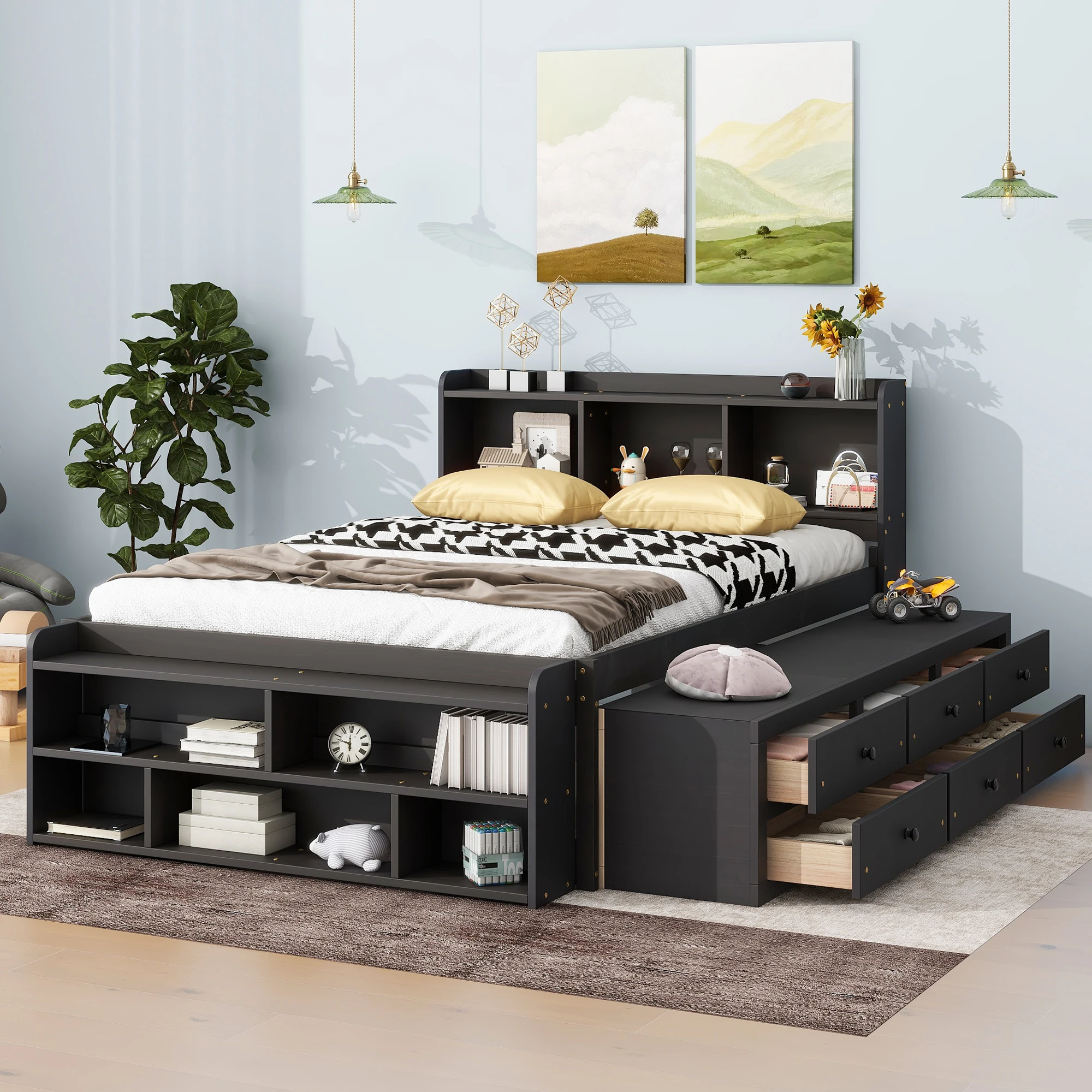 

Full Bed with Bookcase Headboard, Underbed Storage Drawers and End Storage Case, Espresso 92.80x57.50x41.20 in.