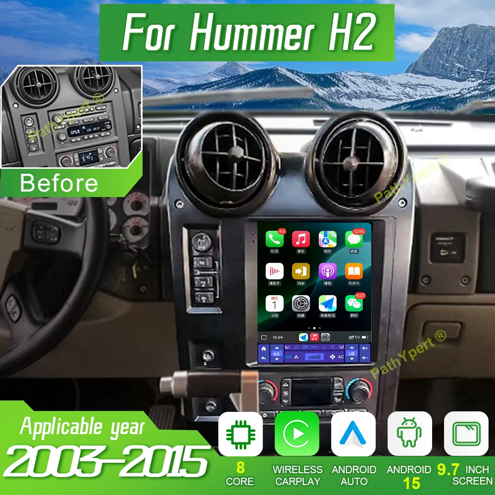 

9,7-дюймовый Android 15, беспроводной Carplay для Hummer H2 2003-2015, мультимедийный плеер, автомобильное радио, новый стерео с вертикальным экраном Tesla 4G WIFI BT