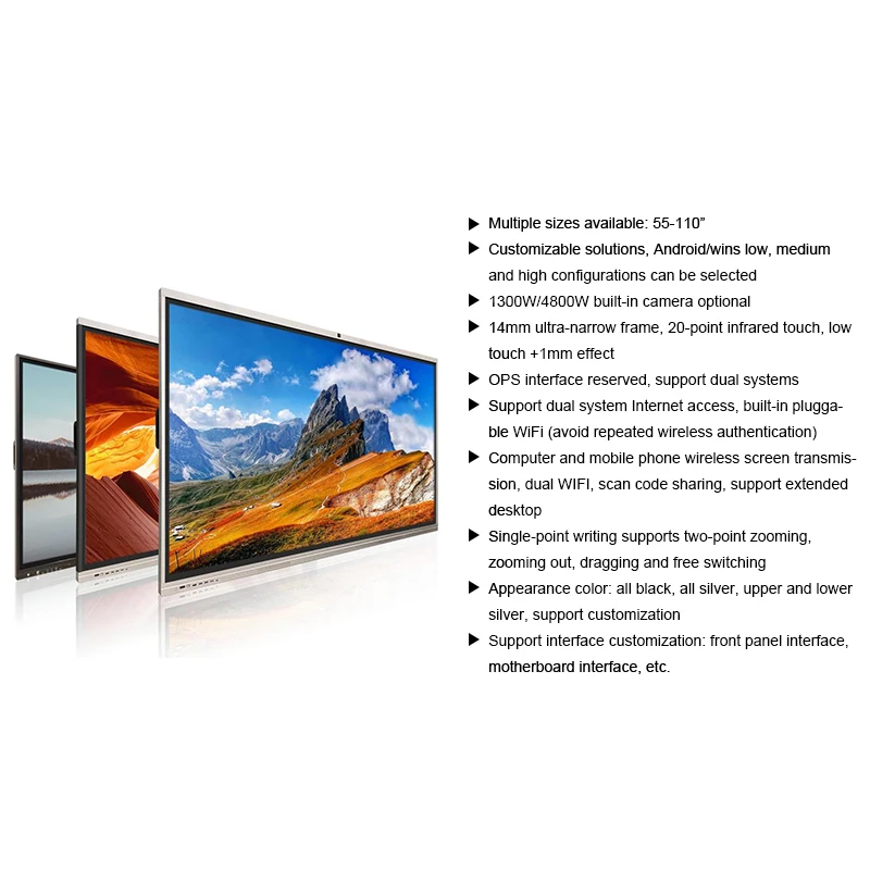 55 65 75 86 98 110 Inch Mobile Electronic Whiteboard Smart Interactive Boards Touch Screen Panel For Classroom Meeting Room