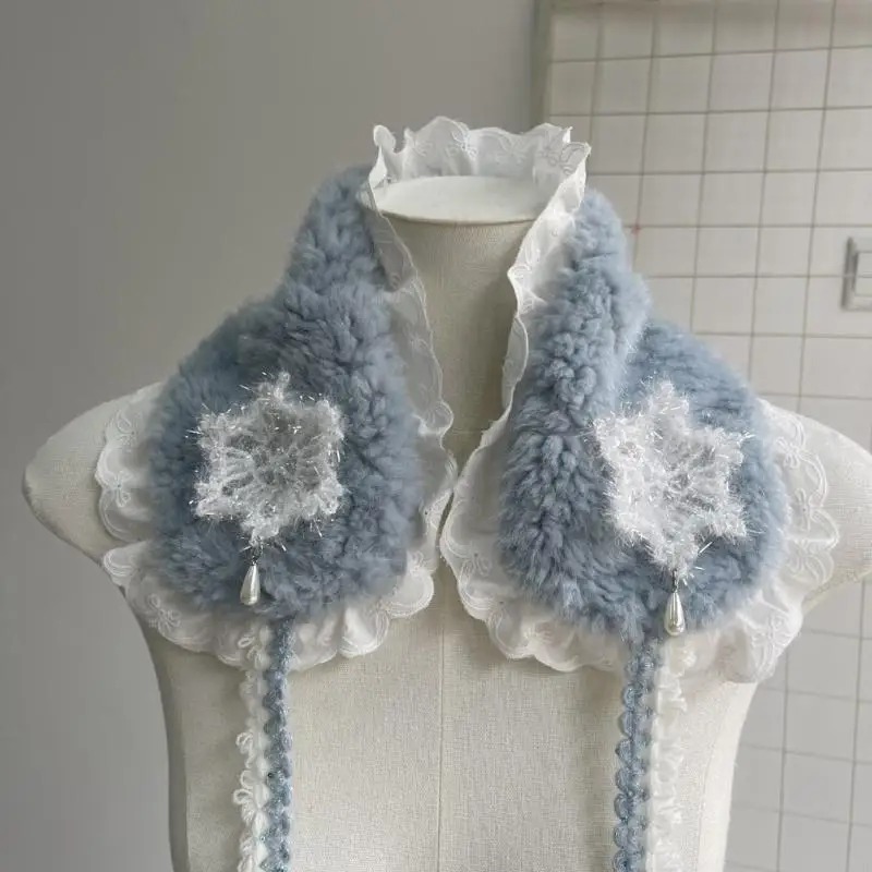 Y3NE وشاح من الصوف الصناعي مزين بالدانتيل وشاح للرأس للنساء قابل للتعديل لتدفئة الرقبة في الشتاء وخفيف الوزن للخريف والشتاء #5