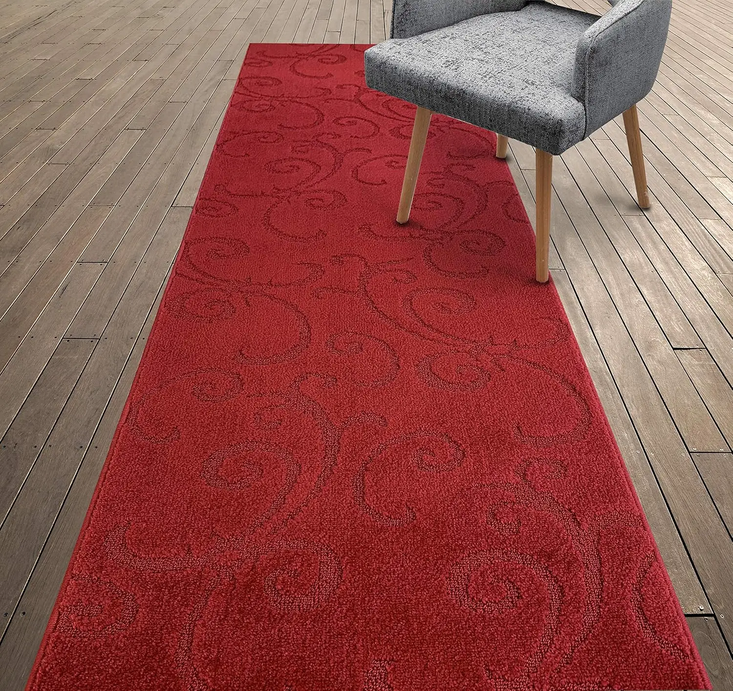 Custom Length Hallway Carpet Runner Rug, Slip Resistant, 26 Inch Wide X Your Choice Of Length, Scroll Burgundy, 26 Inch X 8