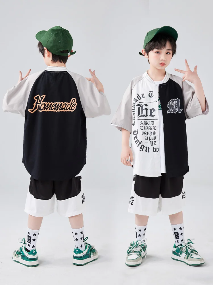 Sommer Mode Kinder Hip Hop Dance Kostüm Kurzarm Baseball Jacke Schwarze Hosen Street Dance Outfit Mädchen Jazz Tragen BL10718