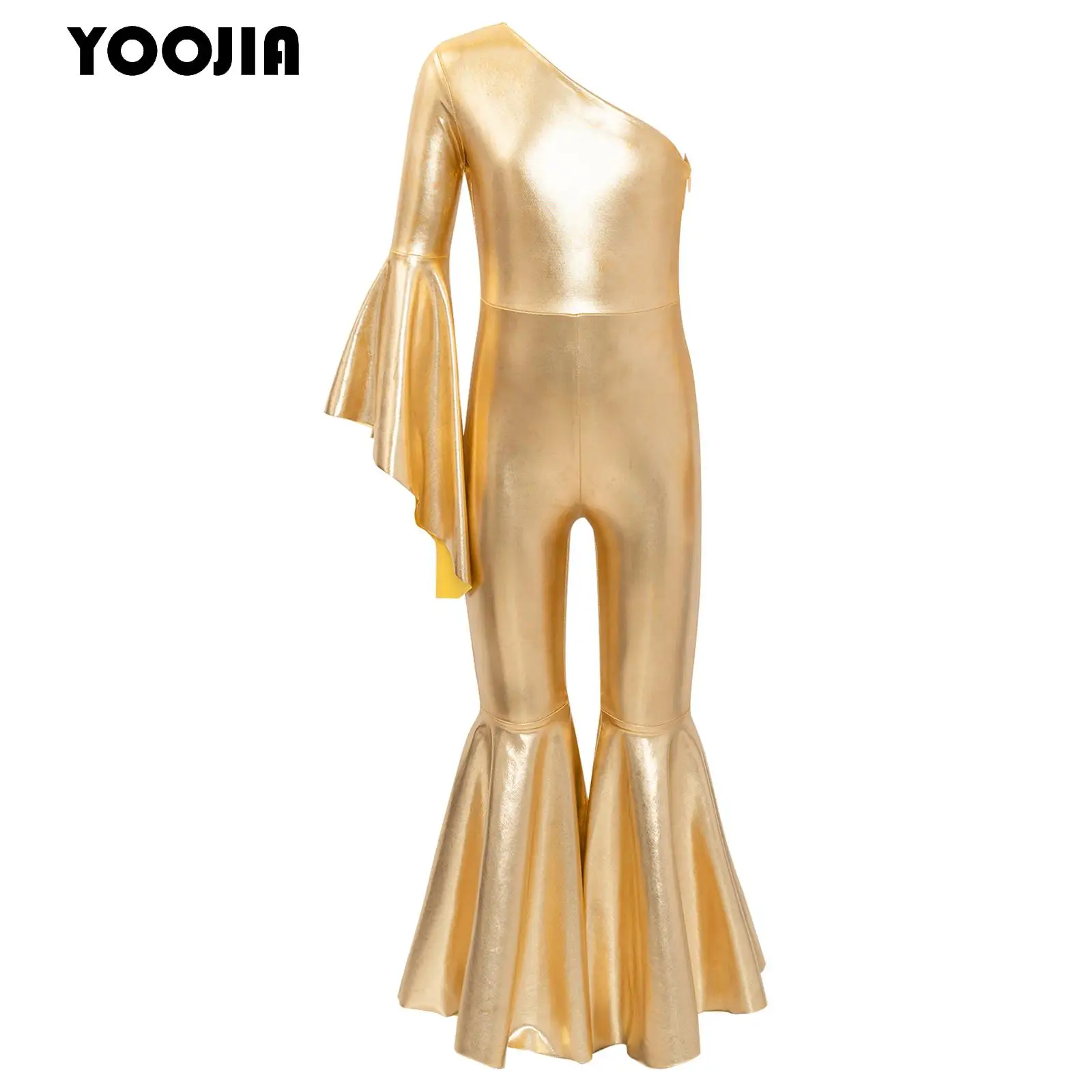 

70s Hippie Jazz Disco Dance Costume for Kids Girls Metallic Shiny One Flare Sleeve Jumpsuit Full Bodysuit with Bell Bottom Pants