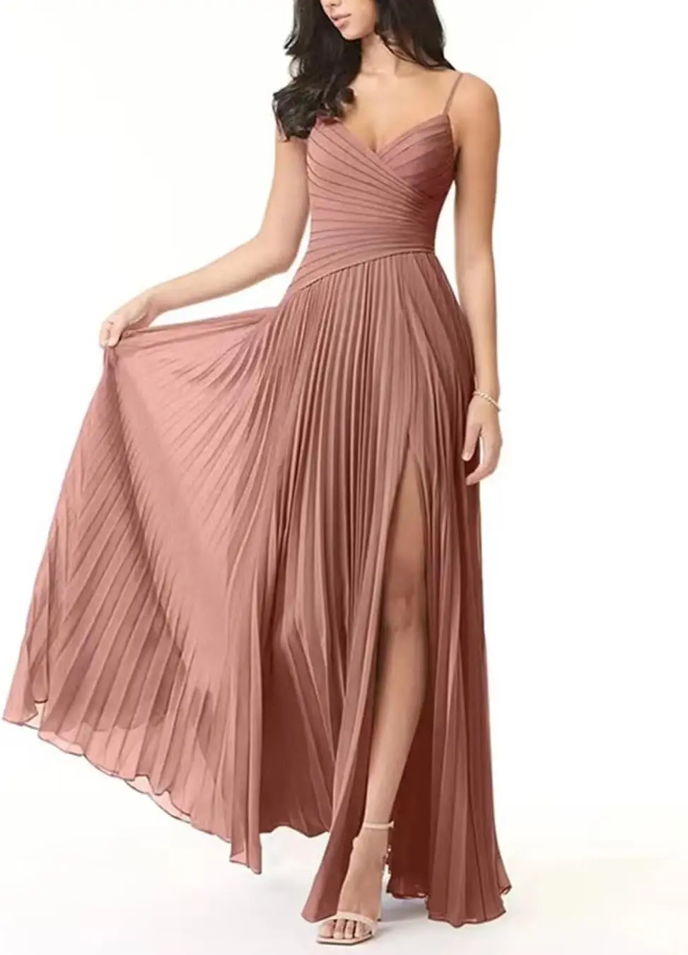 シフォン素材のウェディングゲストドレス 2025 エレガントなVネックプリーツAラインブライズメイドドレス スリット入りマキシドレス BW006 イブニングドレス