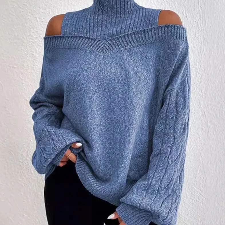 

Женский свитер с открытыми плечами и высоким воротником, свободный пуловер с рукавами-фонариками, однотонный трикотаж средней длины