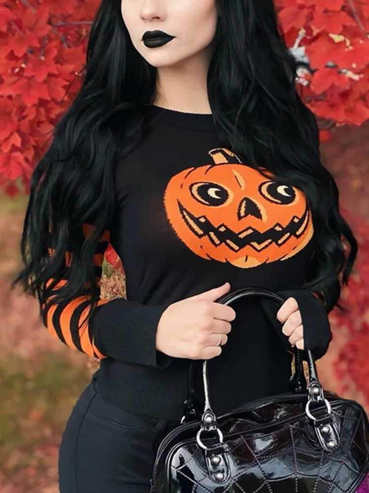 Yangelo Halloween Gothic Pumpkin Printed Pattern Patchwork Pullover Knitted Sweater Women Punk Grunge Long Sleeve Warm Sweater