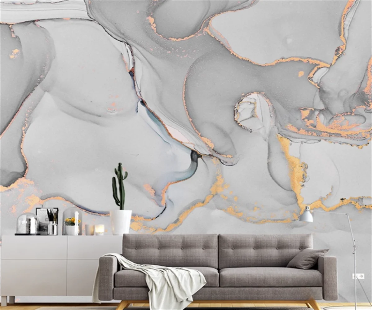 Customized wallpaper hand-painted abstract ink mural gold foil light luxury living room TV background wall marble photo mural