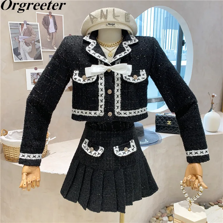 

Y2k Black Tweed Crop Top Two Set Women Bowknot Short Jacket + High Waist Mini Pleated Skirt Suits Streetwear 2 Piece Sets