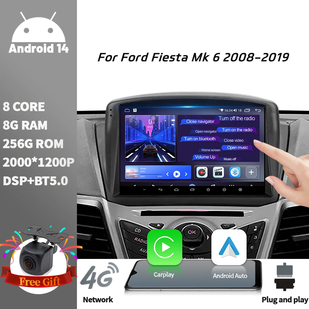 

Для Ford Fiesta Mk 6 2008-2019 Android 14 Автомобильный радиоприемник Мультимедиа 4G GPS-навигатор Беспроводной Bluetooth Carplay Сенсорный экран