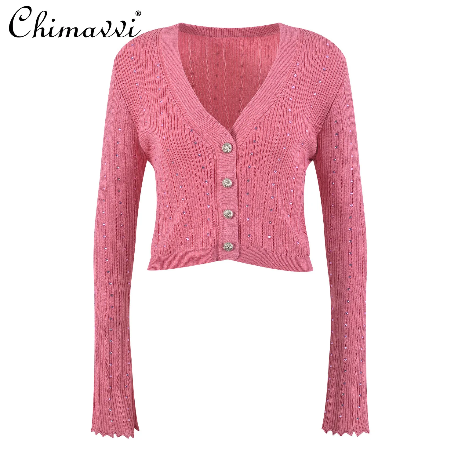 Spring and Autumn New Fashion Hot Diamond V-Neck Long Sleeve Knitted Top Sexy Ladies Slim Elastic Suspender Dress Two-piece Set