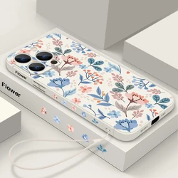 Floral Flower Lanyard Case For iPhone 15 Pro Max Silicone Soft TPU Phone Cover Funda For iPhone 14 13 12 Pro 11