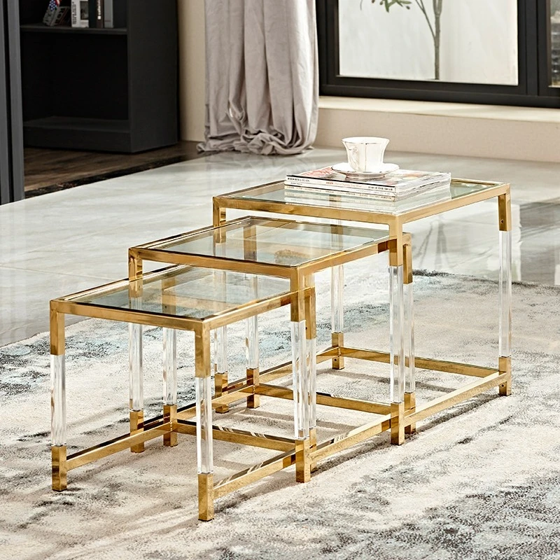 

Space saving tempered glass coffee table set stainless steel frame living room office center coffee table