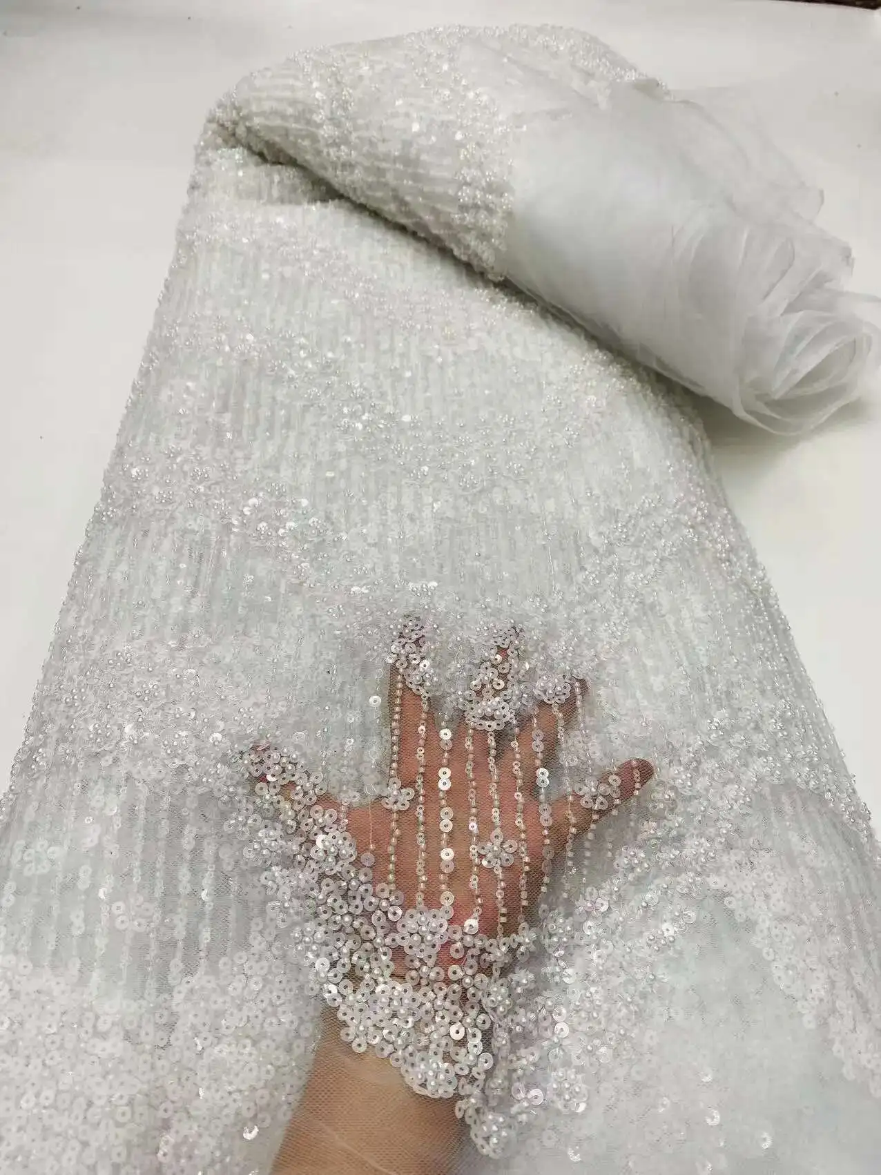 

Pink African Handmade Sequins Net Pearls Lace Fabric 2025 French Heavy Beaded Tulle Lace Fabric For Bridal Party Dress Material