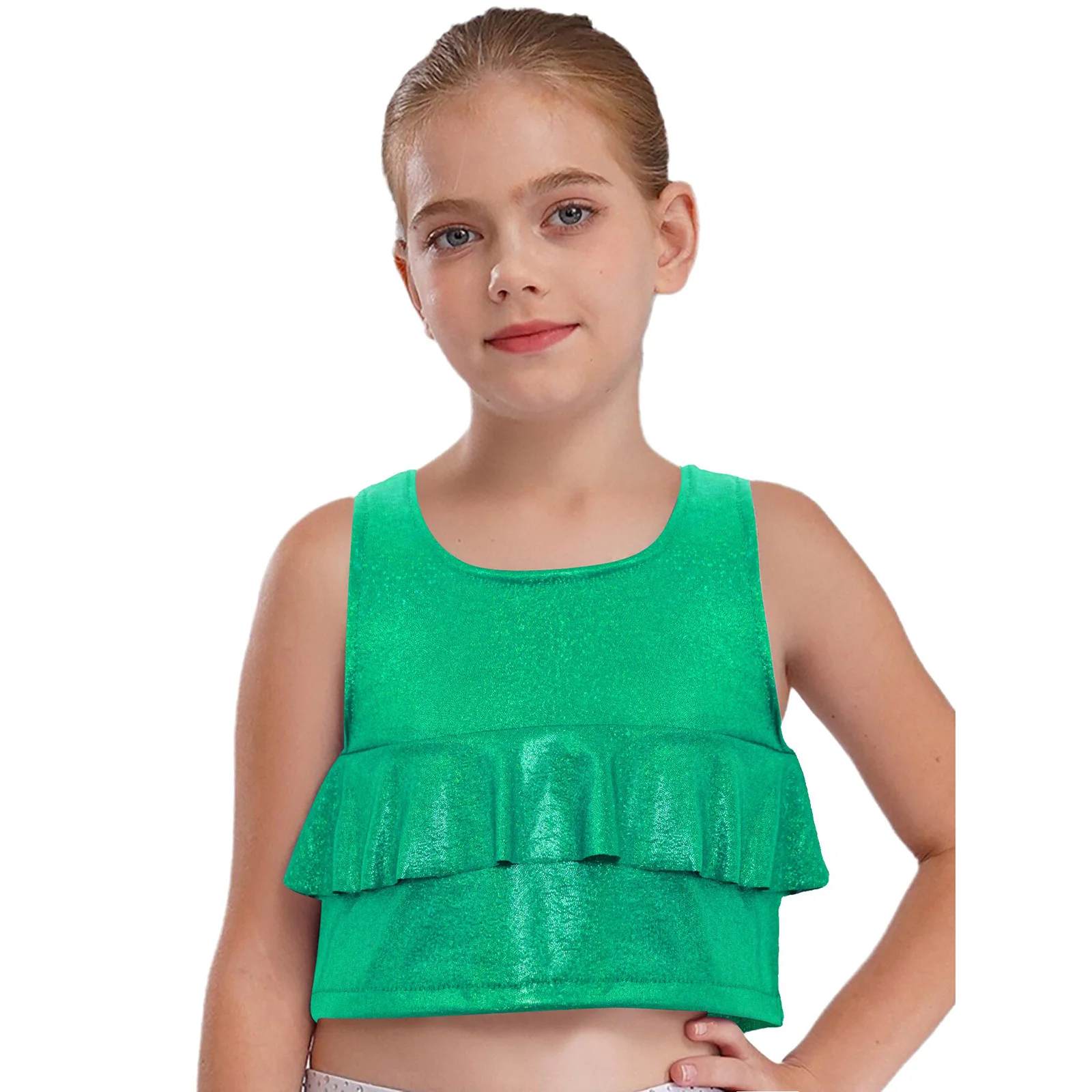 

Child Girls Ruffles Metallic Vest Crop Top Sleeveless Tank Tops for Cheerleading Jazz Dance Stage Show Performance Gymnastics