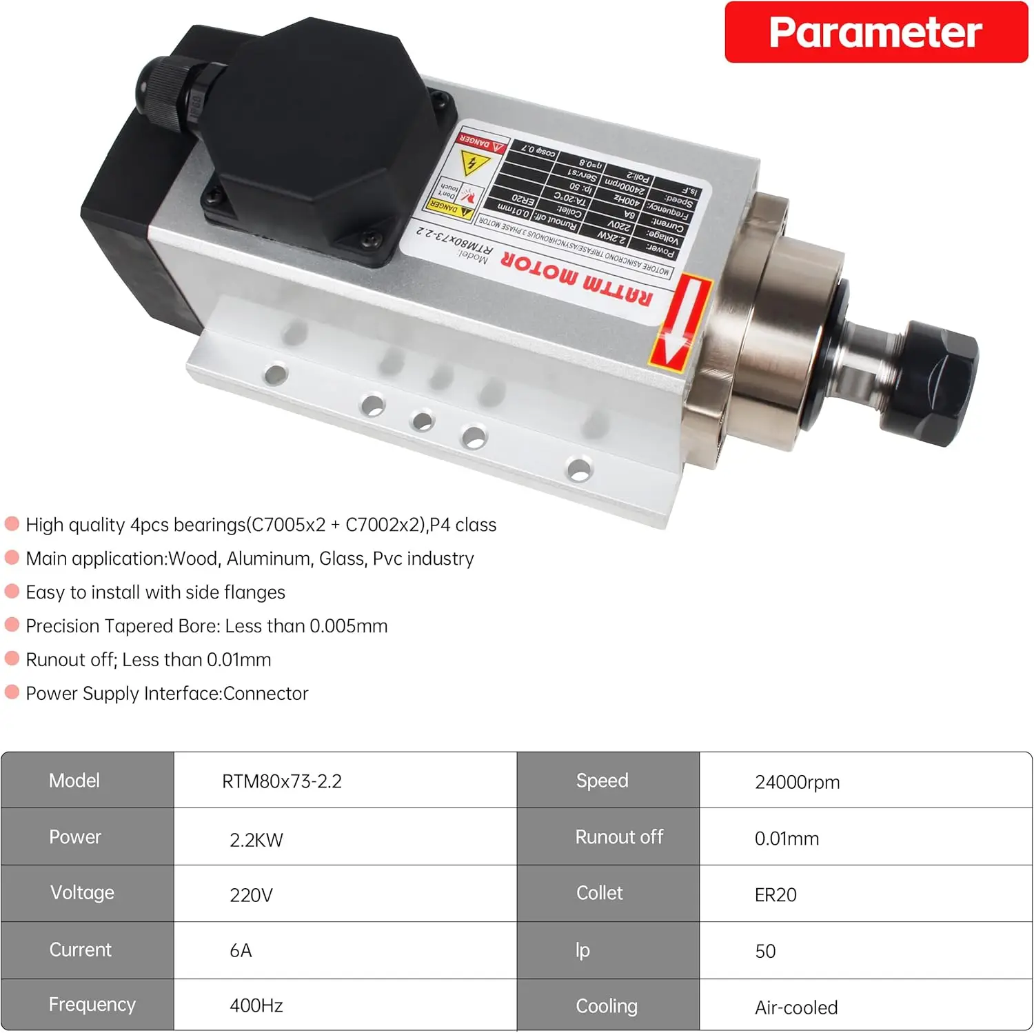 النقش باستخدام الحاسب الآلي 2.2kw ER20 نوع مربع محرك المغزل المبرد بالهواء 4 محامل كروية دقة 0.01 مللي متر و 2.2KW العاكس VFD 1000 هرتز 220 فولت #3