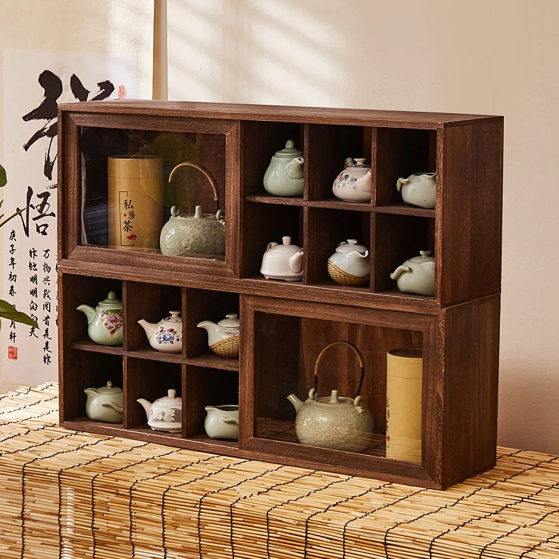 Quality Solid Wood Bo Ancient Tea Set Storage Cabinet Multi-Treasure Display Frame Wall Hanging Teapot Rack Eco-Chic