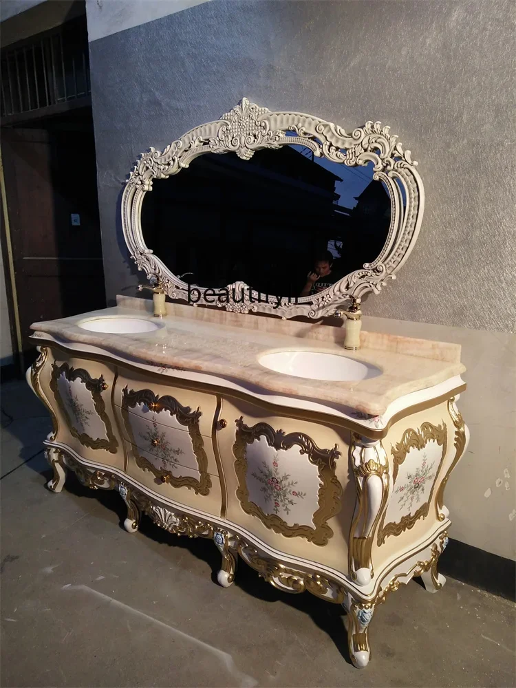 

French Luxury Jade European Bathroom Cabinet Oak Bathroom Large Apartment Hand Painted Washbasin Washstand