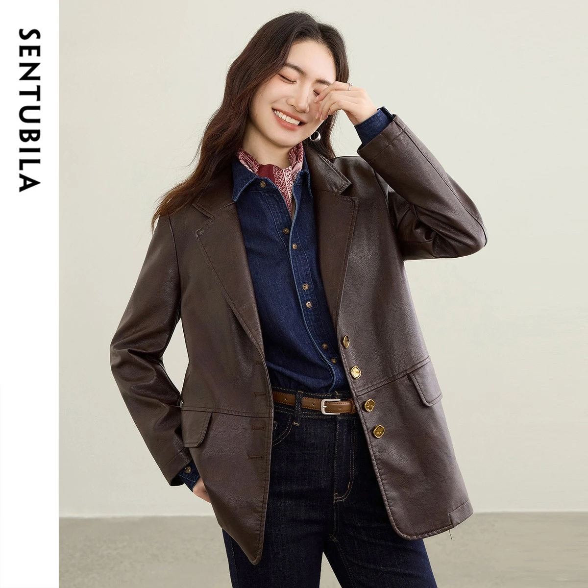 SENTUBILA Damen-Jacke aus Kaffee-Pu-Leder, moderner Biker-Stil, Mantel mit Kerbkragen, langärmelig, lässig, winddicht, W53GE2747