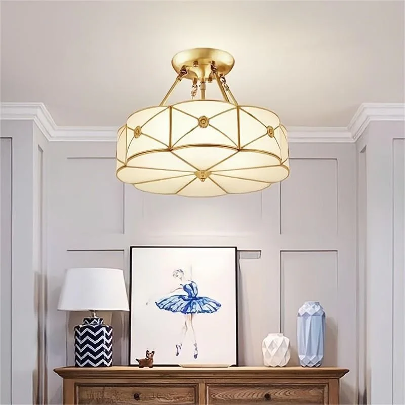 Full Copper European  Style Ceiling Light for Living Room Bedroom Dining Room American Semi-Mounting Copper Lighting Fixture