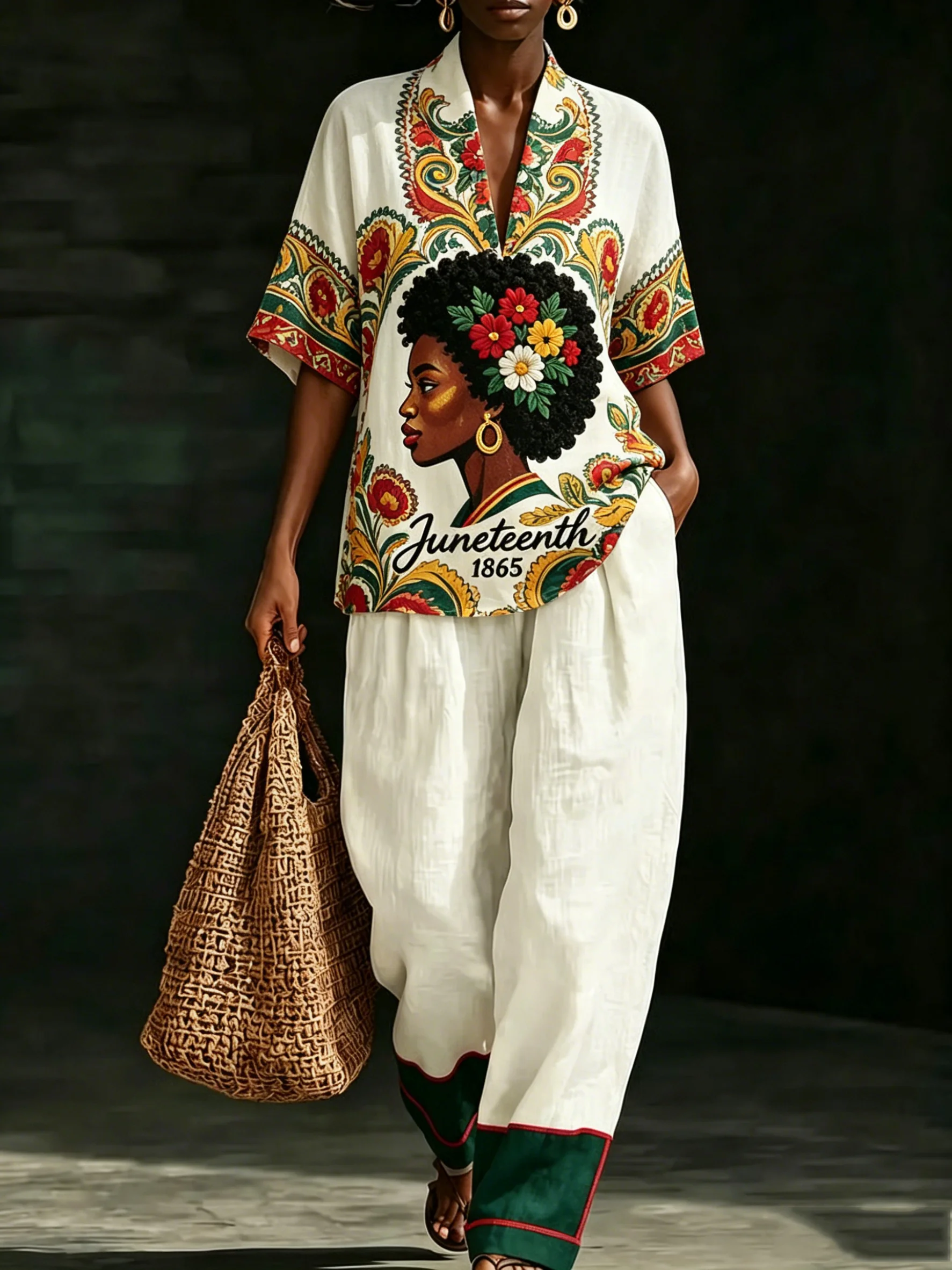

Women's Fashion Print Two Piece Set Short Sleeve V-Neck Top & Wide Leg Pants 2026 Summer Casual Loungewear Streetwear Outfit