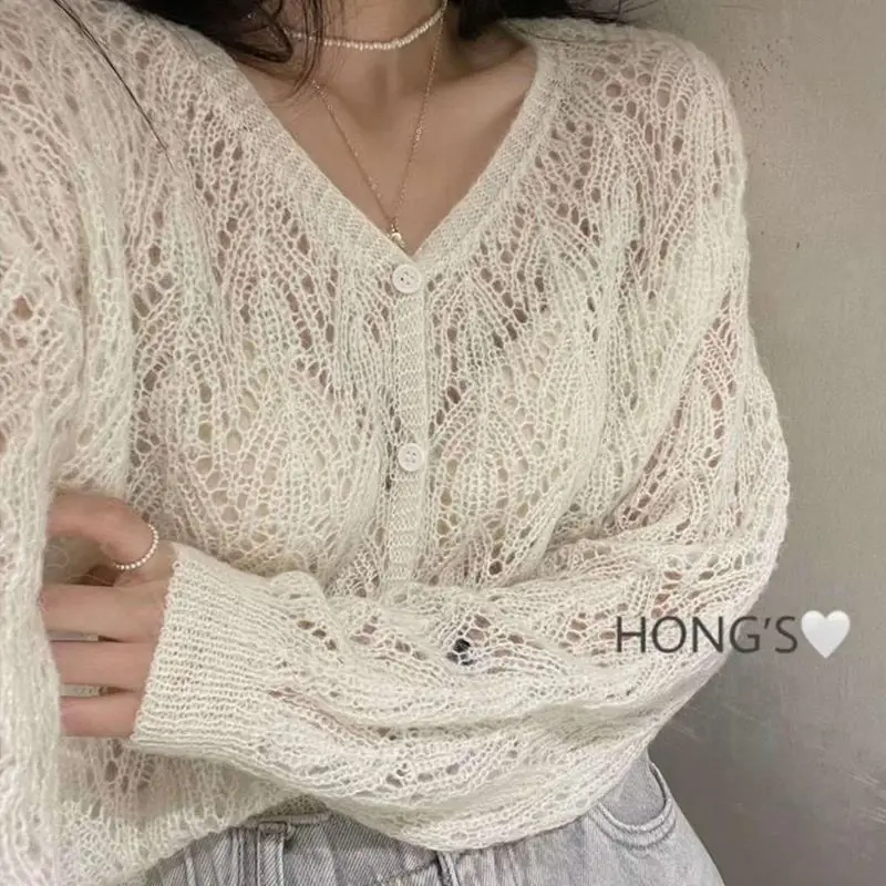 Women's Lightweight Crochet Knit Cardigan Thin Jacket Spring Autumn Basic Coat Yellow Purple Pink Green Beige Knitwear Trendy