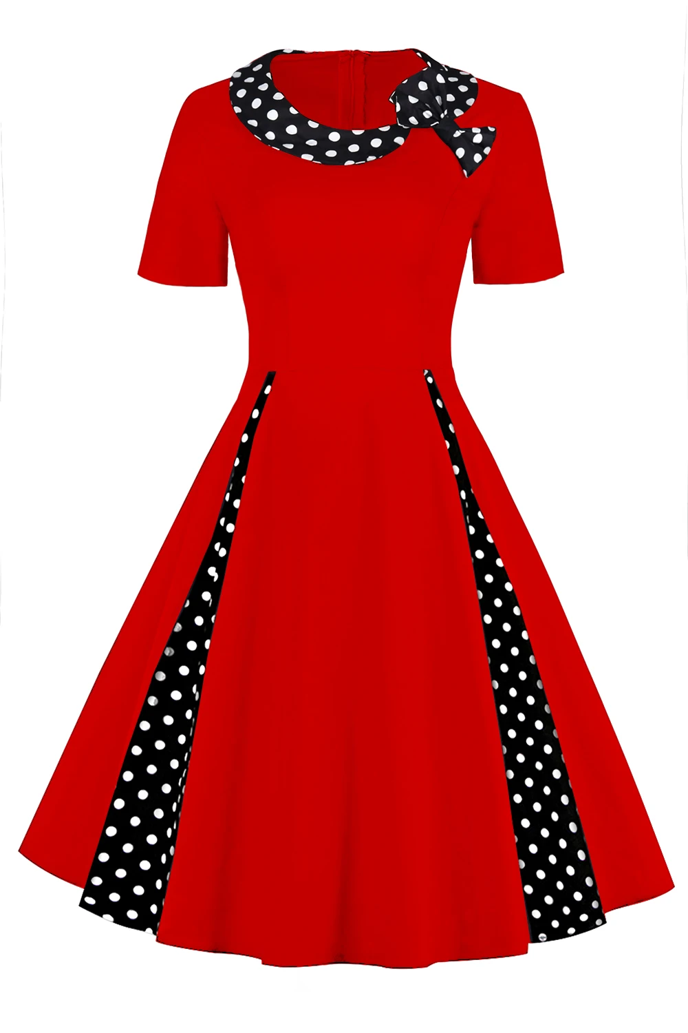 S-3XL Women's Vintage Dresses Summer Short Sleeve Bow Dots O-Neck Bacis Dress 50s 60s Midi Swing Hem Party Dresses Casual Tunic