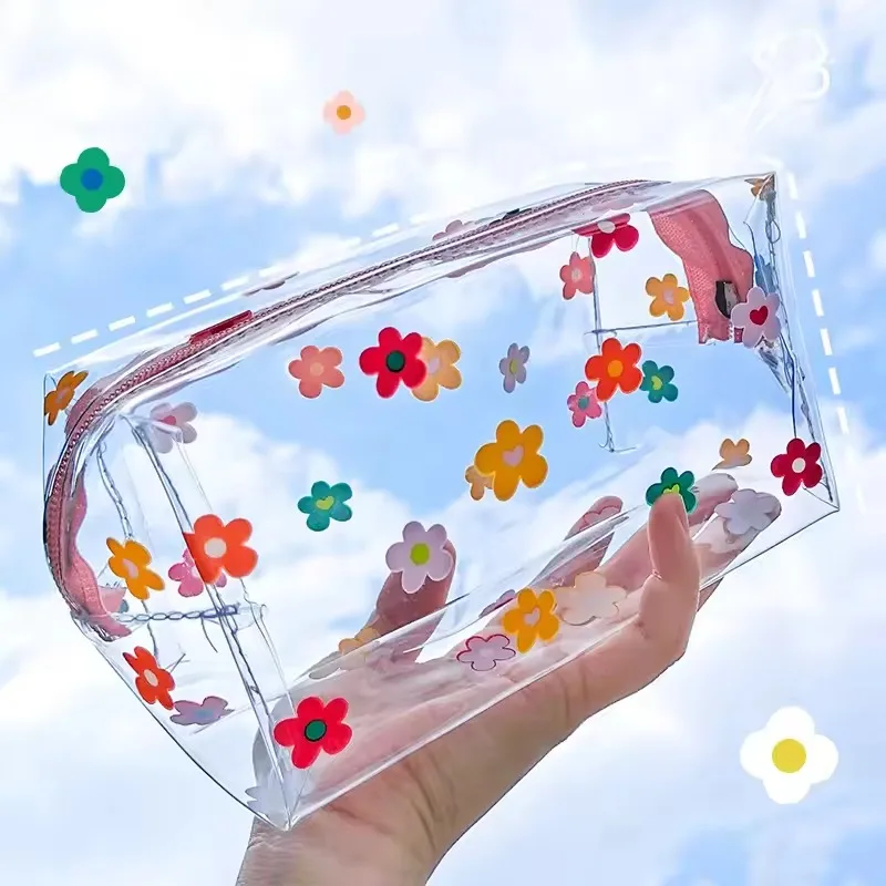 3PCS Transparent Pencil Case Fashionable Flower Print Large Capacity Pen Bag Gift Portable Mini Wash Storage Zipper Cosmetic Bag