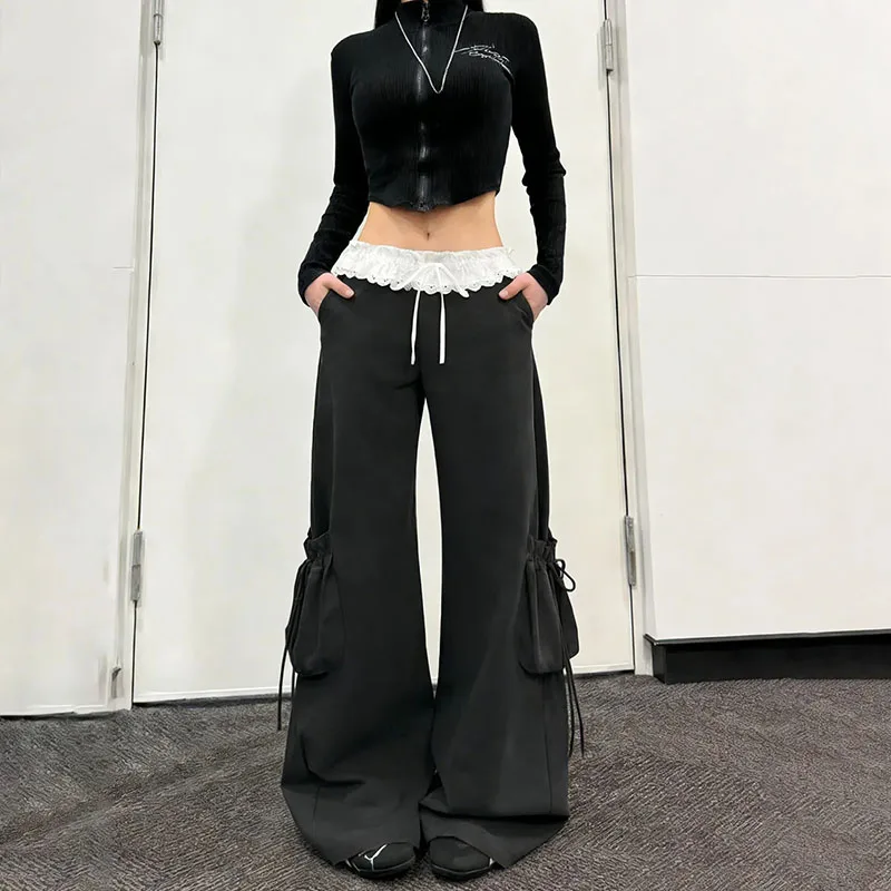 

Винтажные повседневные женские брюки с широкими штанинами, кружевными вставками, карманами на шнурке, расклешенные, в стиле ретро Харадзюку, свободные, с низкой талией