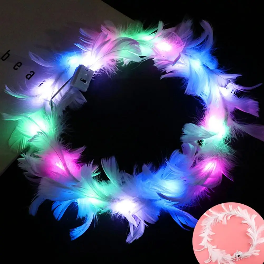 LED Feather Wreath Crown Headband Colorful Luminous Angle Crown Headband Women Headdress Girls Wedding Christmas Party