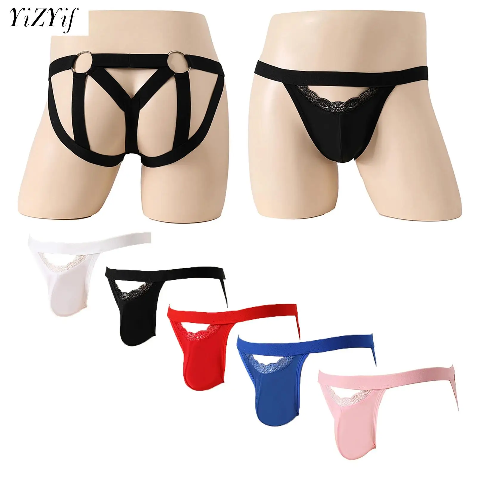 

Mens Jockstrap Thong Underwear Lace Trim Hollow Out Bulge Pouch O-ring G-string Strappy Back Panties Briefs Nightwear Clubwear