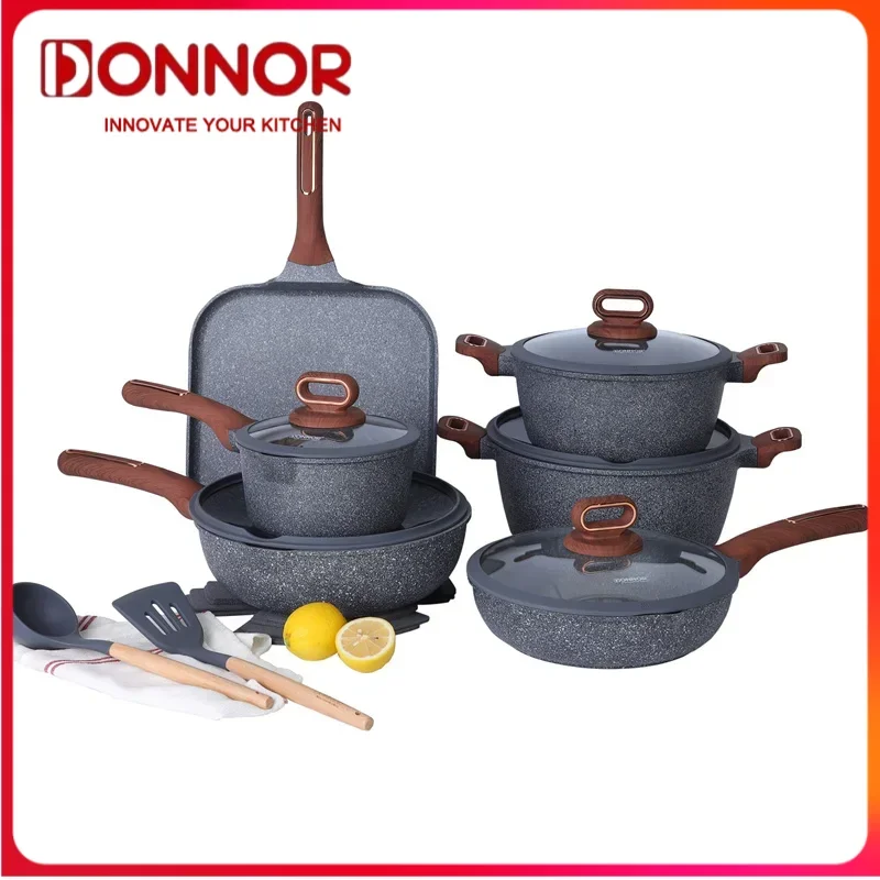 

DONNOR, 16 шт./компл., набор кастрюль, домашняя сковорода для стейка из говядины с антипригарным покрытием, кастрюля для тушения с силиконовой лопаткой и стеклянной крышкой, набор кухонной посуды