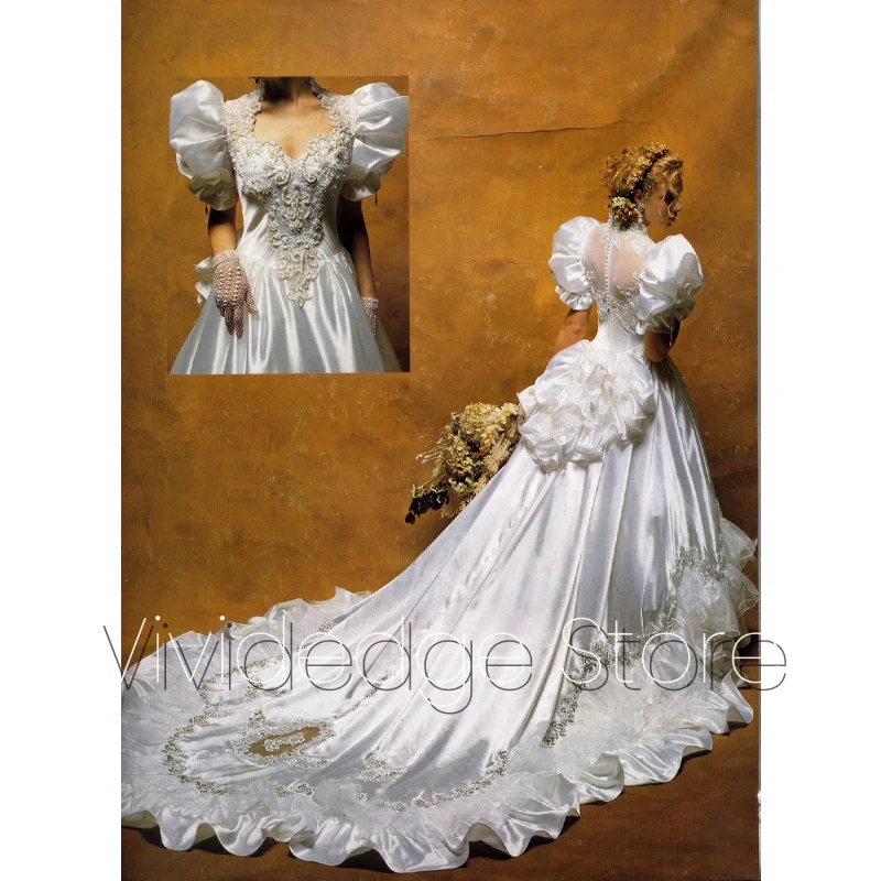 Customized 1980s Vintage Victorian Wedding Dresses V-Neck Bubble Sleeve Lace Beaded A-Line Trailing Ruffled Bridal Gowns