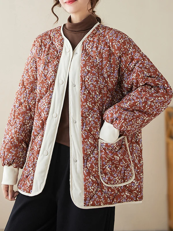 

Новинка 2025, легкая свободная женская хлопковая куртка большого размера с цветочным принтом, повседневная верхняя одежда, пальто